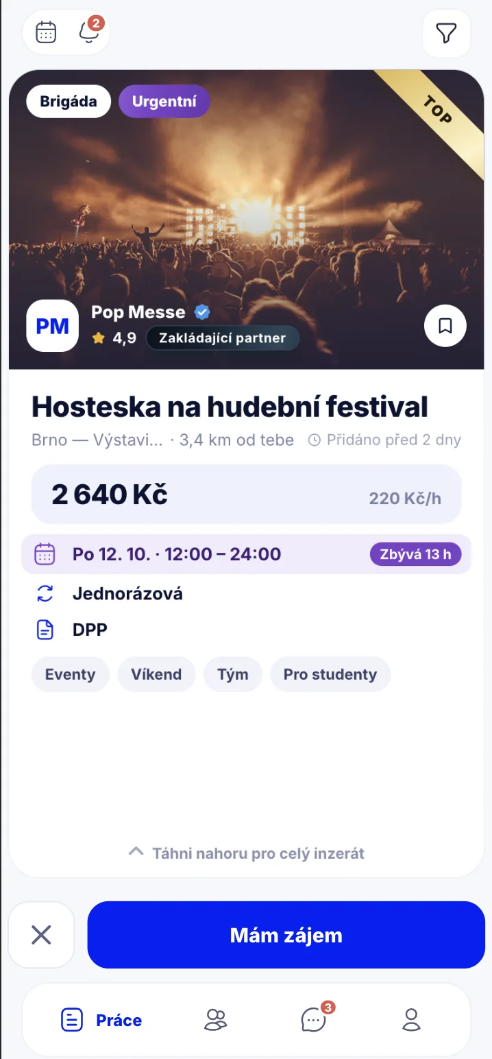 Appka Makej — nabídky brigád jako karty k swajpnutí