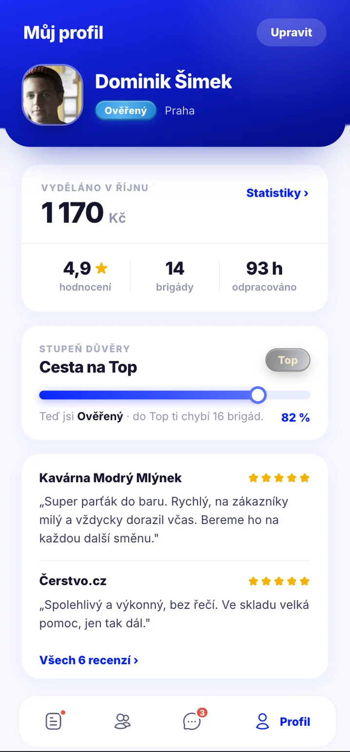 Appka Makej — profil brigádníka s výdělkem a recenzemi