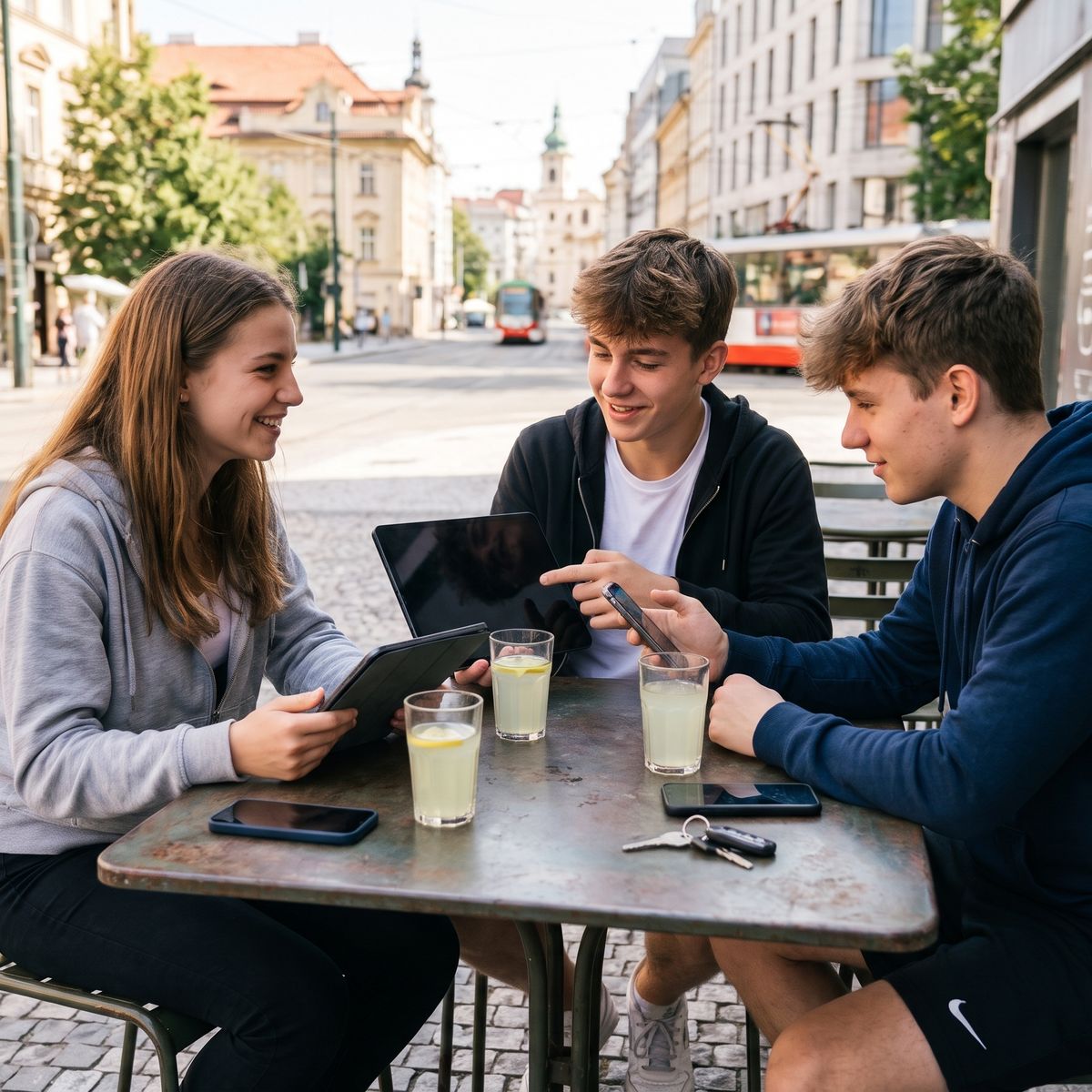 Tři teenageři u stolu v kavárně na ulici, prohlížejí si tablet a telefony