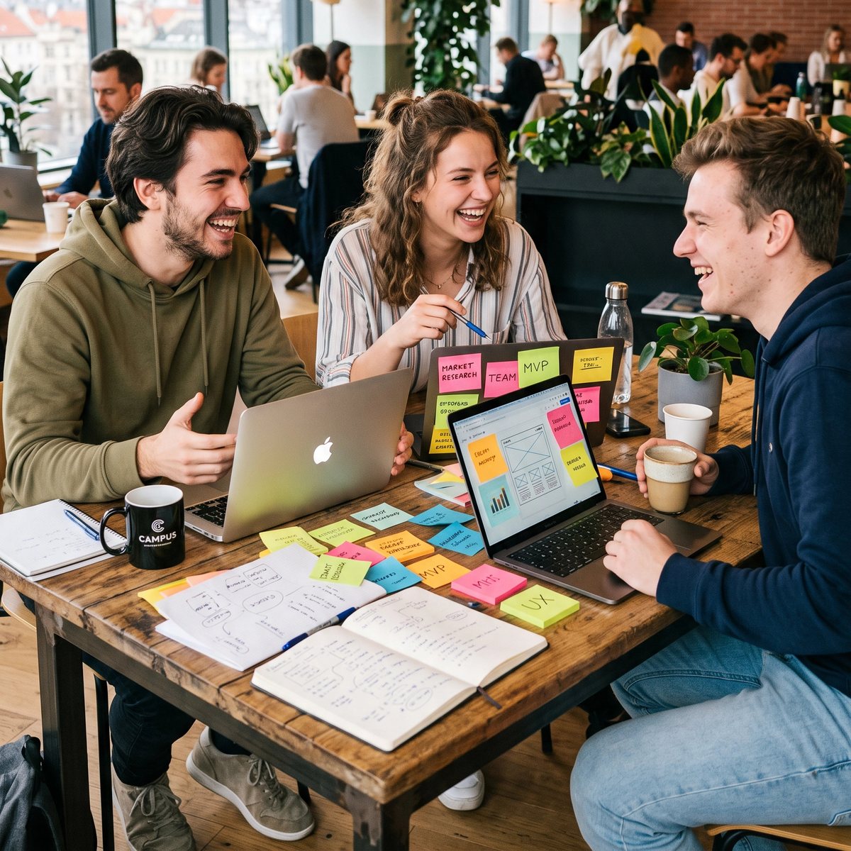 Tři lidé u stolu v coworkingu se smějí nad rozdělanou prací