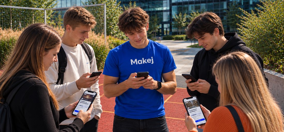 Skupina brigádníků prohlíží nabídky v appce
